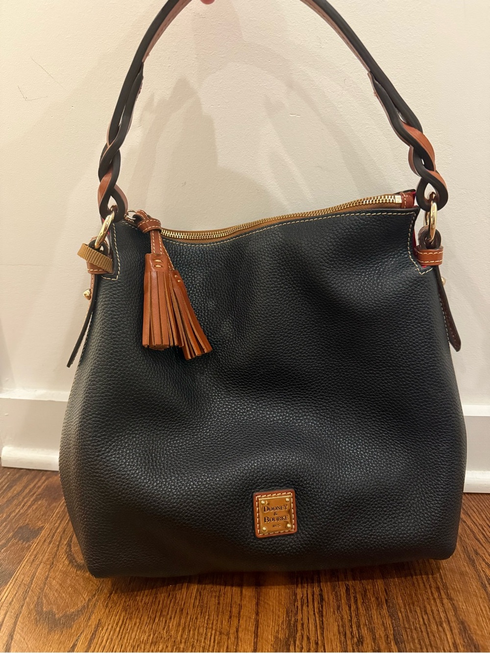 Dooney & Bourke Black Pebble Leather Hobo with Brown Trim and Tassel
